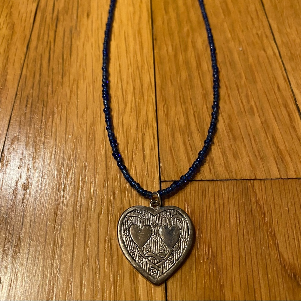 Blue Beaded Silver Heart Necklace